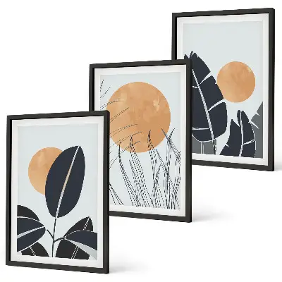 Set 3 slik v okvirju rastlinski vzorci z minimalističnim motivom sonca