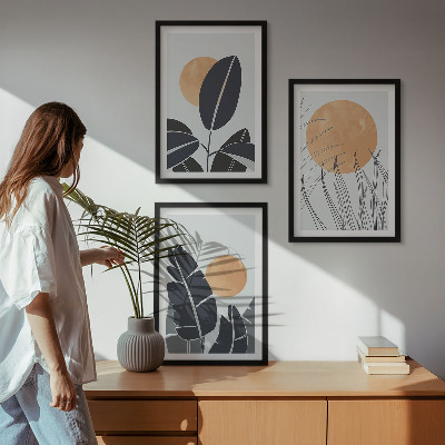 Set 3 slik v okvirju Rastlinski vzorci velika sonca minimalistični