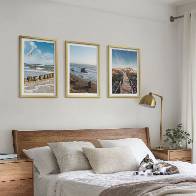 Set 3 slik v okvirju plaža valovi nebo pomol sprehod