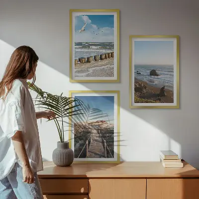 Komplet 3 slik v okvirju motiv plaže z valovi nebom in pomolom