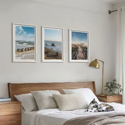 Komplet 3 slik v okvirju motiv plaže z valovi nebom in pomolom