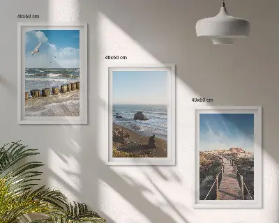 Komplet 3 slik v okvirju motiv plaže z valovi nebom in pomolom