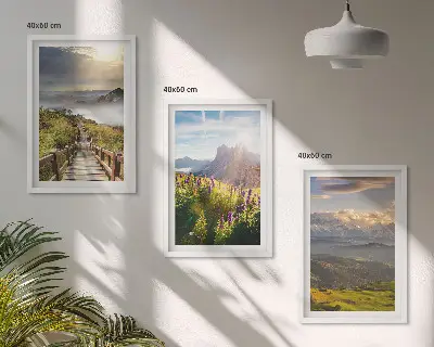 Gorska pokrajina s cvetjem triptih v okvirju