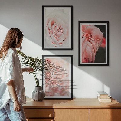 Triptih v okvirju Pastelno roza flamingi nežno