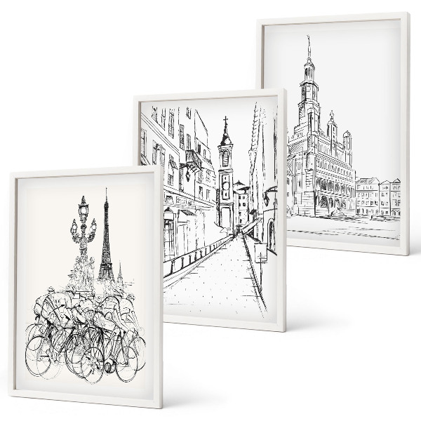 Set 3 slik v okvirju Preproste risbe urbanih krajin