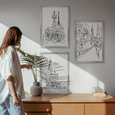 Set 3 slik v okvirju Preproste risbe urbanih krajin