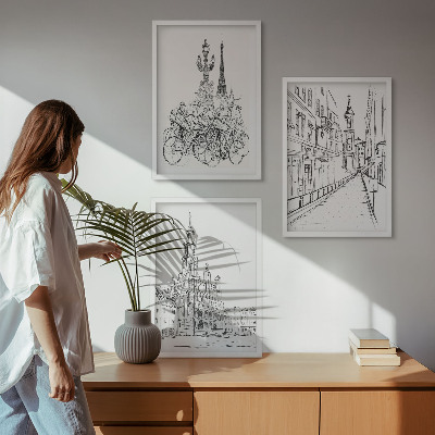 Set 3 slik v okvirju Preproste risbe urbanih krajin