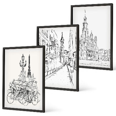 Set 3 slik v okvirju Preproste risbe urbanih krajin