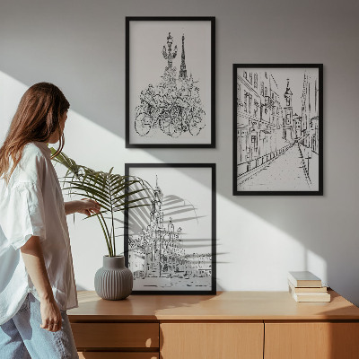 Set 3 slik v okvirju Preproste risbe urbanih krajin