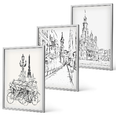 Set 3 slik v okvirju Preproste risbe urbanih krajin