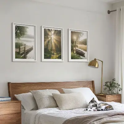 Komplet 3 slik v okvirju jezero, gozd, čoln in jutranja megla