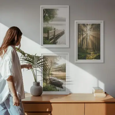 Komplet 3 slik v okvirju jezero, gozd, čoln in jutranja megla