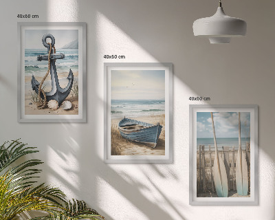 Večdelna slika v okvirju Sidro, čoln, vesla, plaža