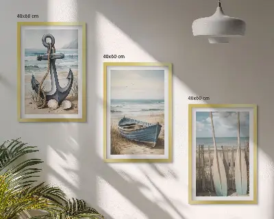 Večdelna slika v okvirju sidro, čoln, vesla in plaža