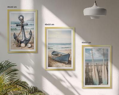 Večdelna slika v okvirju Sidro, čoln, vesla, plaža
