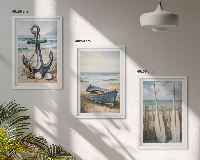 Večdelna slika v okvirju Sidro, čoln, vesla, plaža