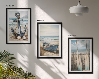 Večdelna slika v okvirju Sidro, čoln, vesla, plaža