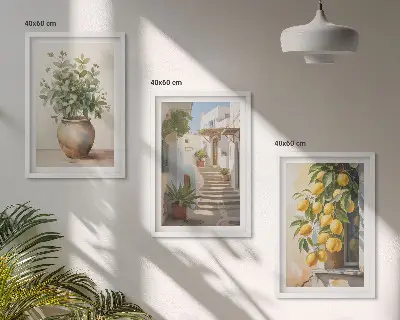 Ulična cvetlična lončnica z limono komplet 3 slik v okvirju