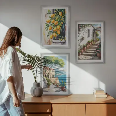 Večdelna slika v okvirju z motivom limon, rož in pogleda na morje