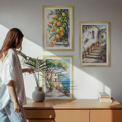 Večdelna slika v okvirju z motivom limon, rož in pogleda na morje
