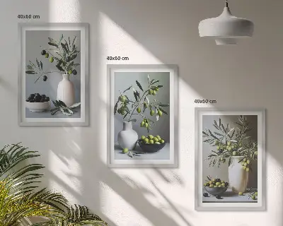 Oljke v zadržanih vazah komplet 3 slik v okvirju
