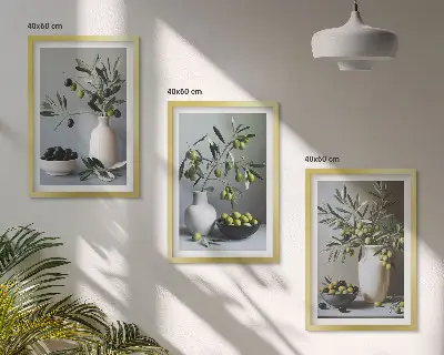 Oljke v zadržanih vazah komplet 3 slik v okvirju