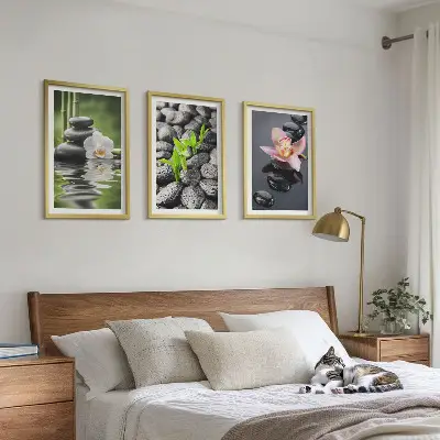 Triptih Mirna zen kompozicija cvetja in vode v okvirju