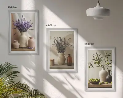 Večdelna slika v okvirju cvetovi sivke, olive in posode