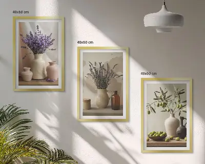Večdelna slika v okvirju cvetovi sivke, olive in posode