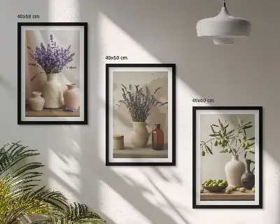 Večdelna slika v okvirju cvetovi sivke, olive in posode