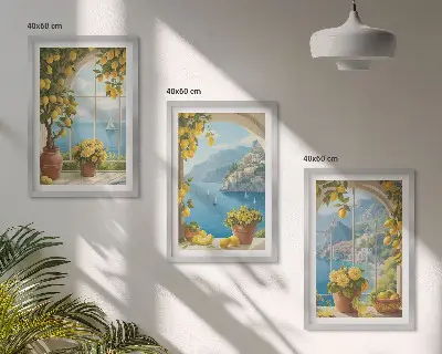 Večdelna slika v okvirju z motivom morske pokrajine, limon in okna
