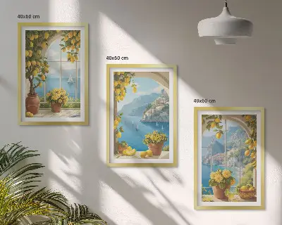 Večdelna slika v okvirju z motivom morske pokrajine, limon in okna
