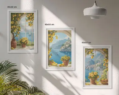 Večdelna slika v okvirju z motivom morske pokrajine, limon in okna
