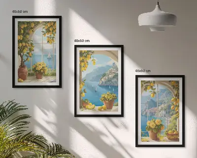 Večdelna slika v okvirju z motivom morske pokrajine, limon in okna