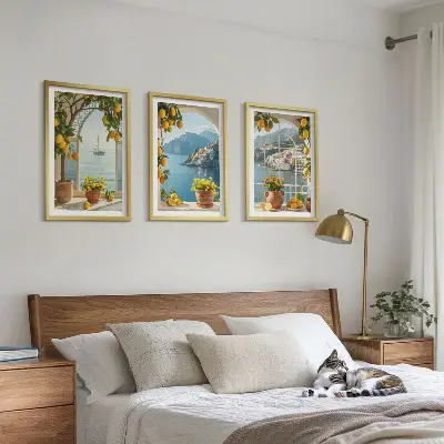Cvetje limone iz morskega mesta komplet 3 slik v okvirju