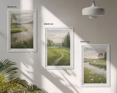 Večdelna slika v okvirju poletna pokrajina z reko in cvetočim travnikom