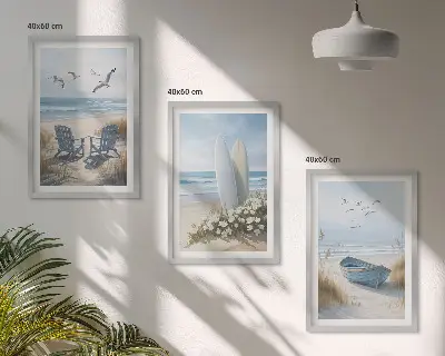 Slika ptice na plaži za surfanje triptih v okvirju