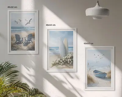 Slika ptice na plaži za surfanje triptih v okvirju