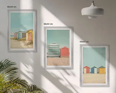 Večdelna slika v okvirju barvite hiše na plaži s soncem