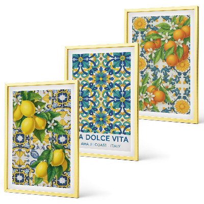 Set 3 slik v okvirju Limone, pomaranče, rože, Italija