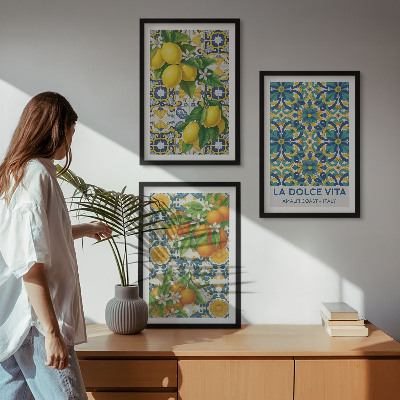 Set 3 slik v okvirju Limone, pomaranče, rože, Italija