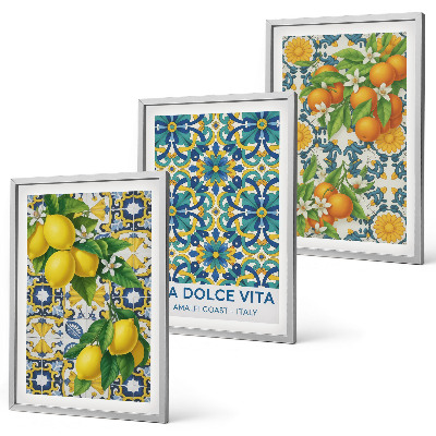 Set 3 slik v okvirju Limone, pomaranče, rože, Italija