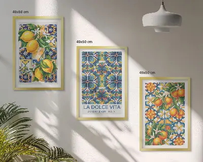 Triptih v okvirju z vzorci cvetov limone in pomaranče