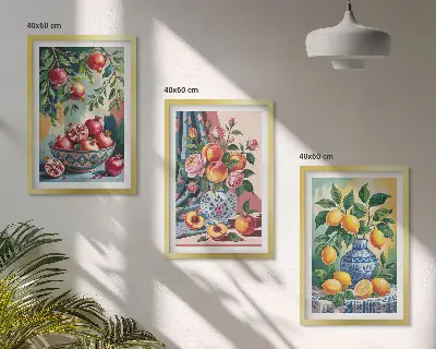 Rože in sadje v vazah večdelna slika v okvirju