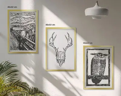 Grafika kričeče lobanje sove triptih v okvirju