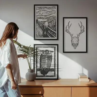 Grafika kričeče lobanje sove triptih v okvirju