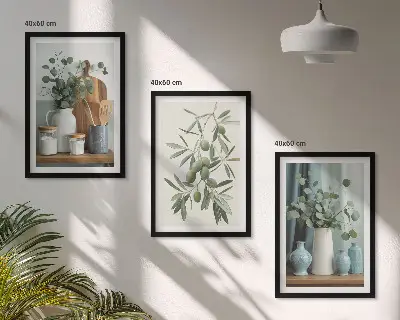 Večdelna slika v okvirju z motivom zelenih oliv evkaliptusa