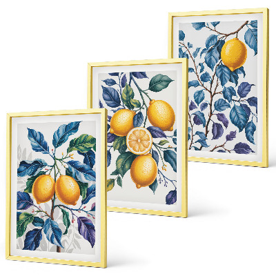 Set 3 slik v okvirju Modri ​​listi limonine veje