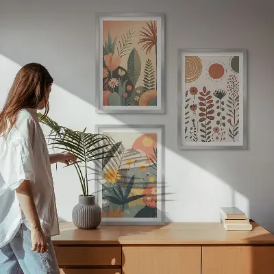 Triptih z motivom boho rastlinskih vzorcev narave v okvirju