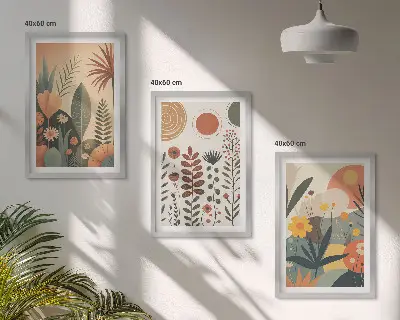 Triptih z motivom boho rastlinskih vzorcev narave v okvirju